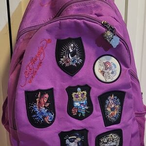 Ed Hardy Purple Backpack with Artistic Patches